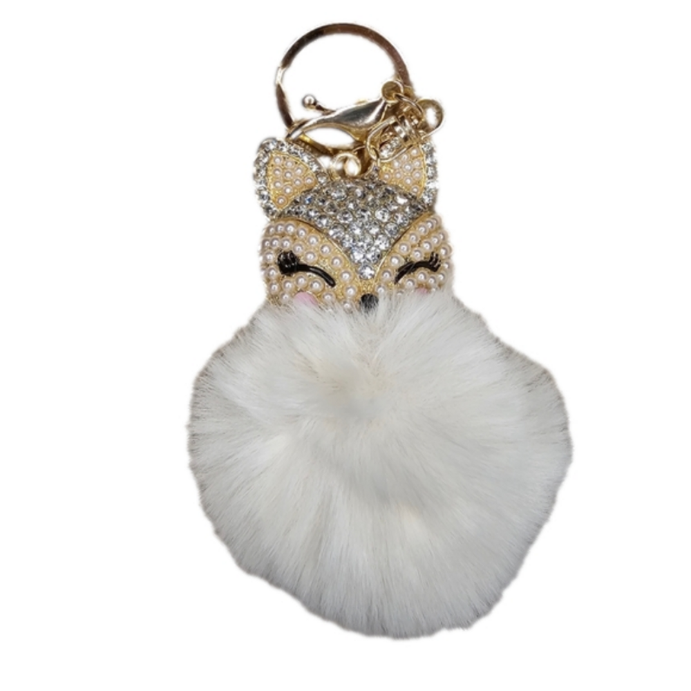 Bling & pearl fox key chain with Puff NEW